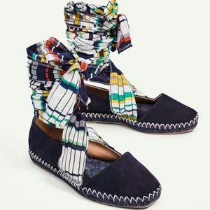 Zara Navy Espadrille Flats with Striped Multicolor Ankle Wraps
